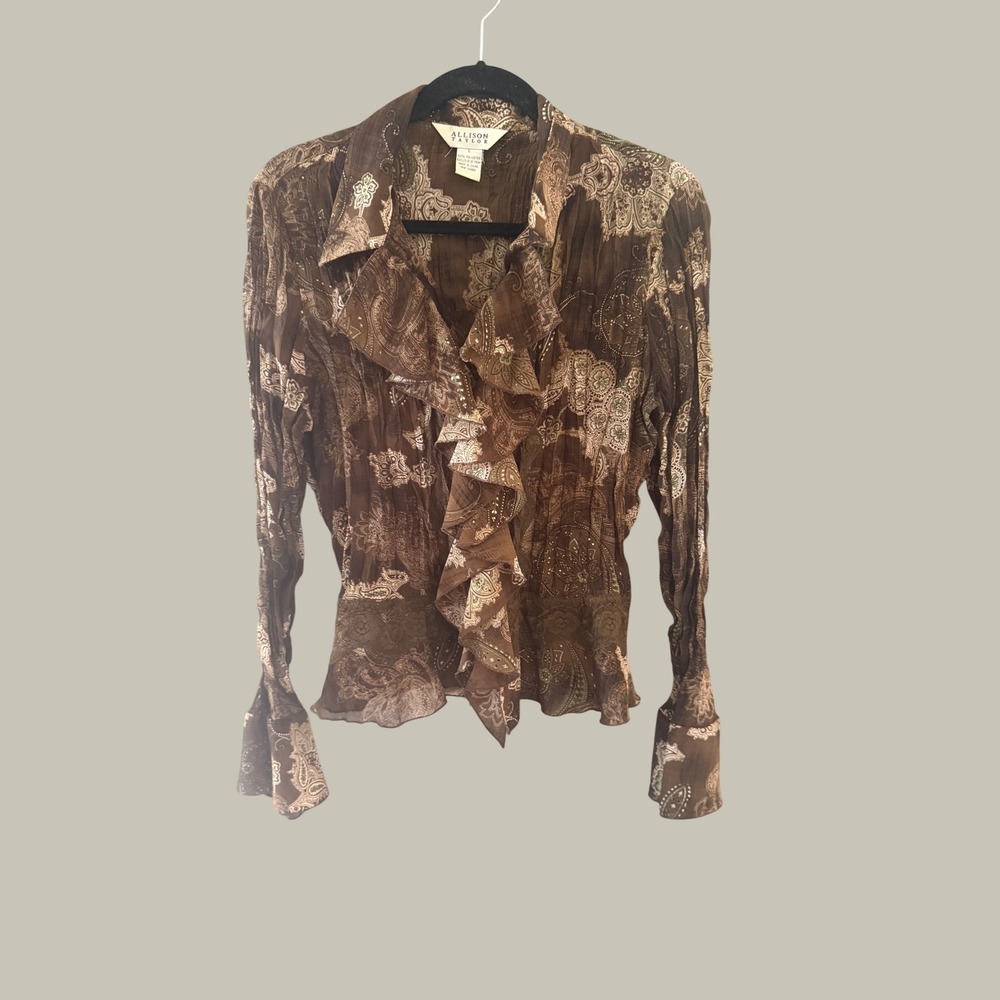 Allison Taylor Vintage Whimsi Brown Paisley Ruffle Blouse Bell Sleeve Boho Top L